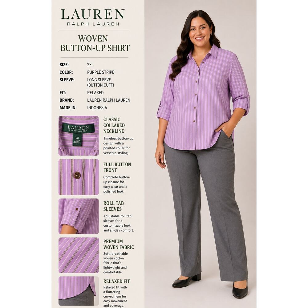 Lauren Ralph Lauren Women’s 2X Purple Stripe Button Up Shirt  Plus Size